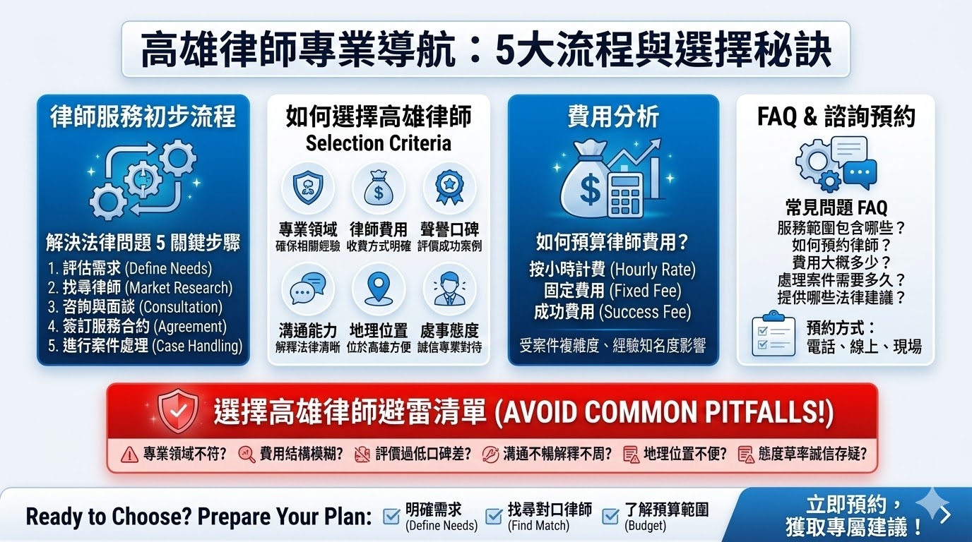 高雄律師提供專業的法律服務，涵蓋民事、刑事、商業及家庭法律領域。無論是法律諮詢、案件代理還是訴訟服務，高雄的律師團隊均能提供有經驗的專業協助，幫助您解決各種法律問題。選擇適合的律師能確保案件順利進行，並達成最佳結果。了解更多高雄律師的服務範圍，選擇合適的律師，讓專業的法律支持成為您成功的關鍵。